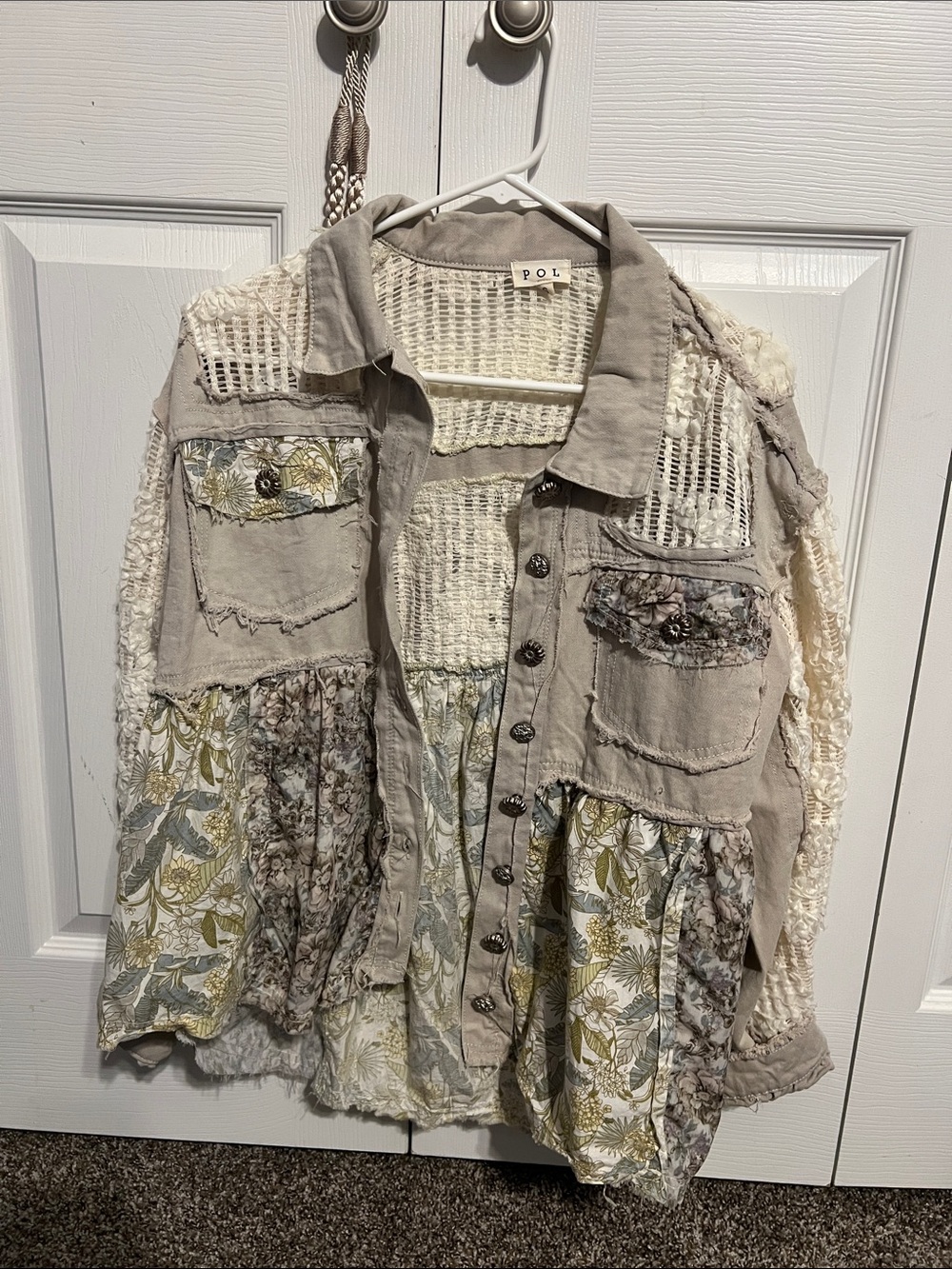 POL Neutral Patchwork Jean Jacket with Floral Panels